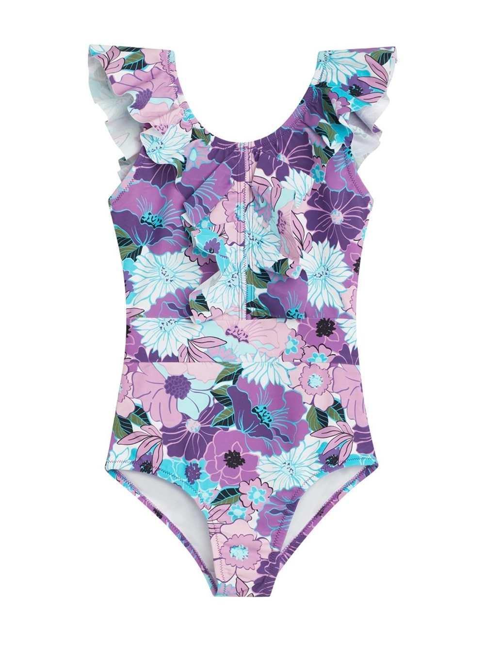 Kids Floral Ruffle One-Piece Swimsuit - Purple/Pink